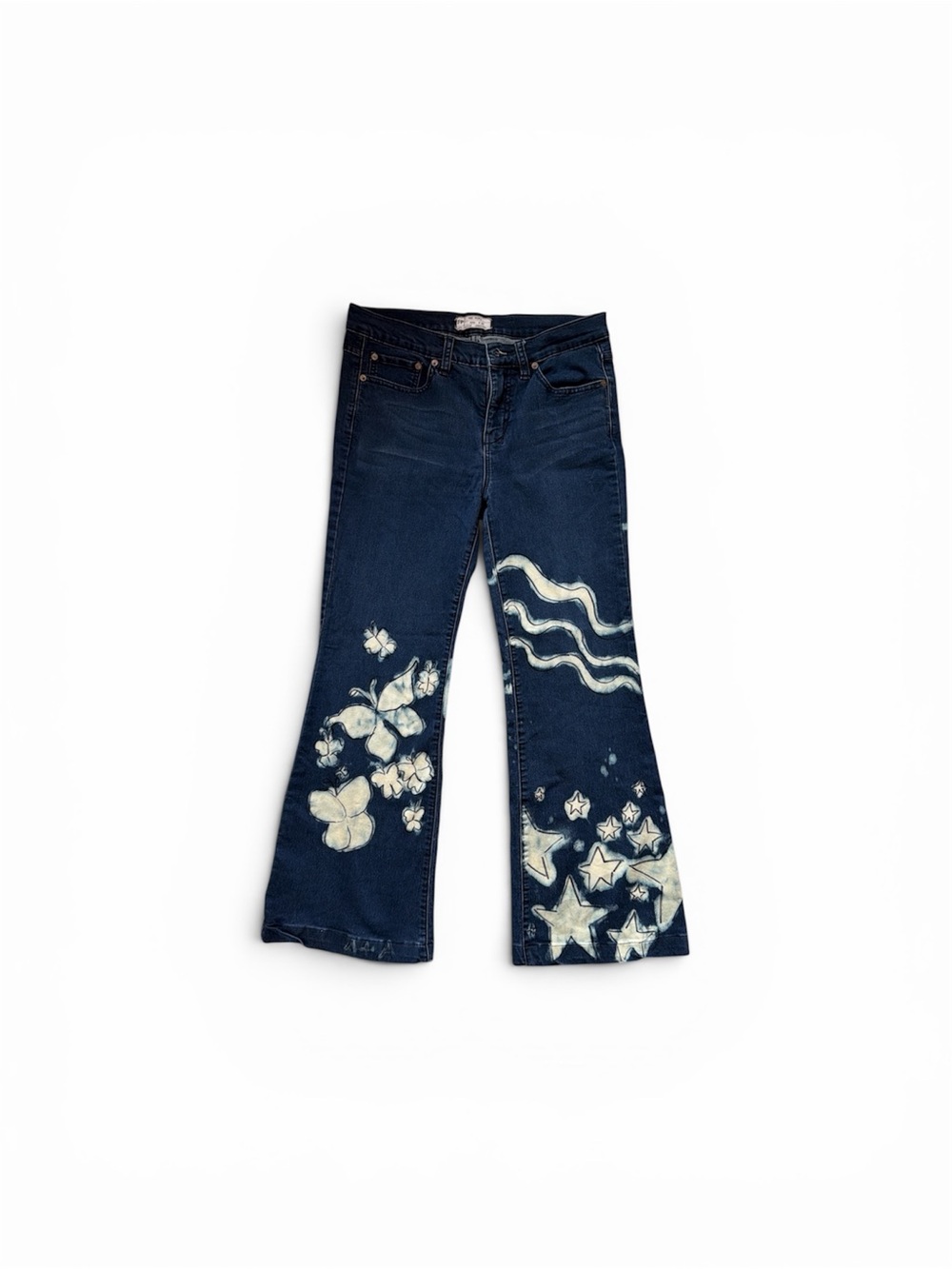EUC FREE PEOPLE Women’s Dark Blue Jeans with Bleach Floral & Star Print SIZE 29